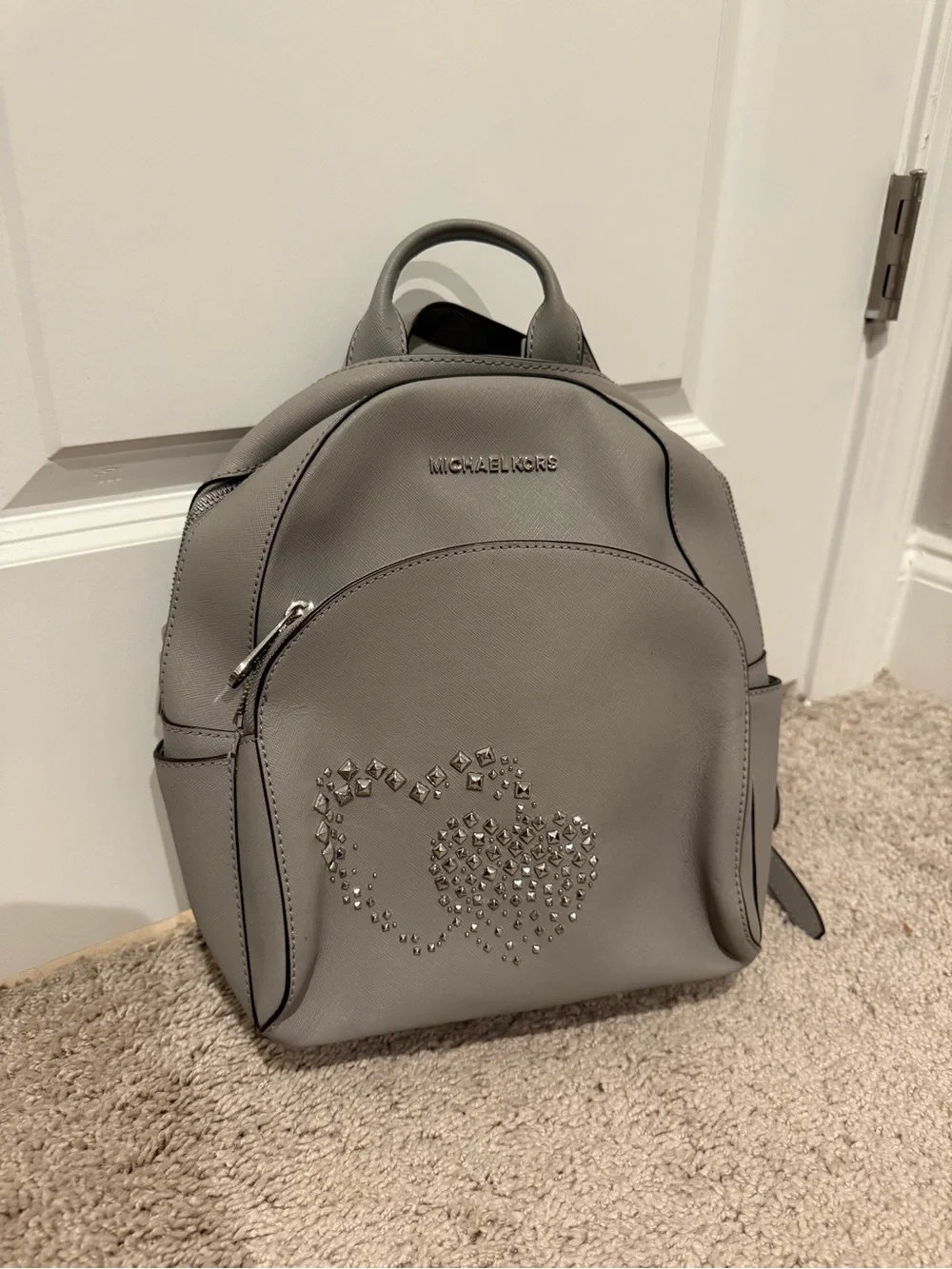 Michael Kors Gray Leather Backpack with Studded Heart Accent